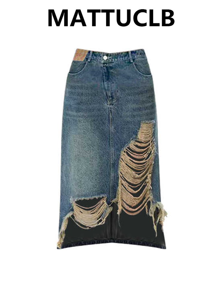 Street Fashion Y2K - Women 2000s Midi Skirt Ripped Denim