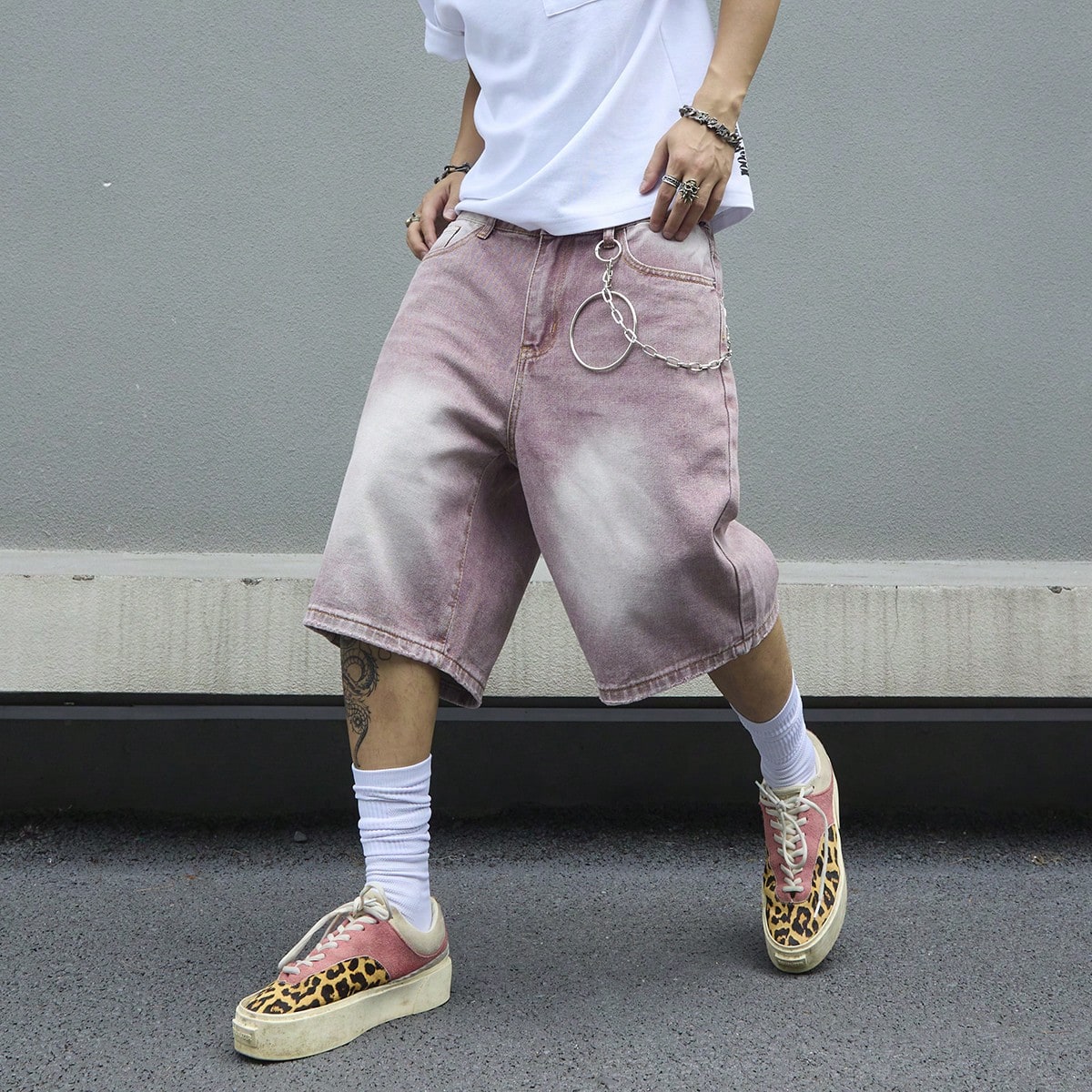 Street Fashion Y2K - Men's Pink Gradient Denim Shorts Vintage