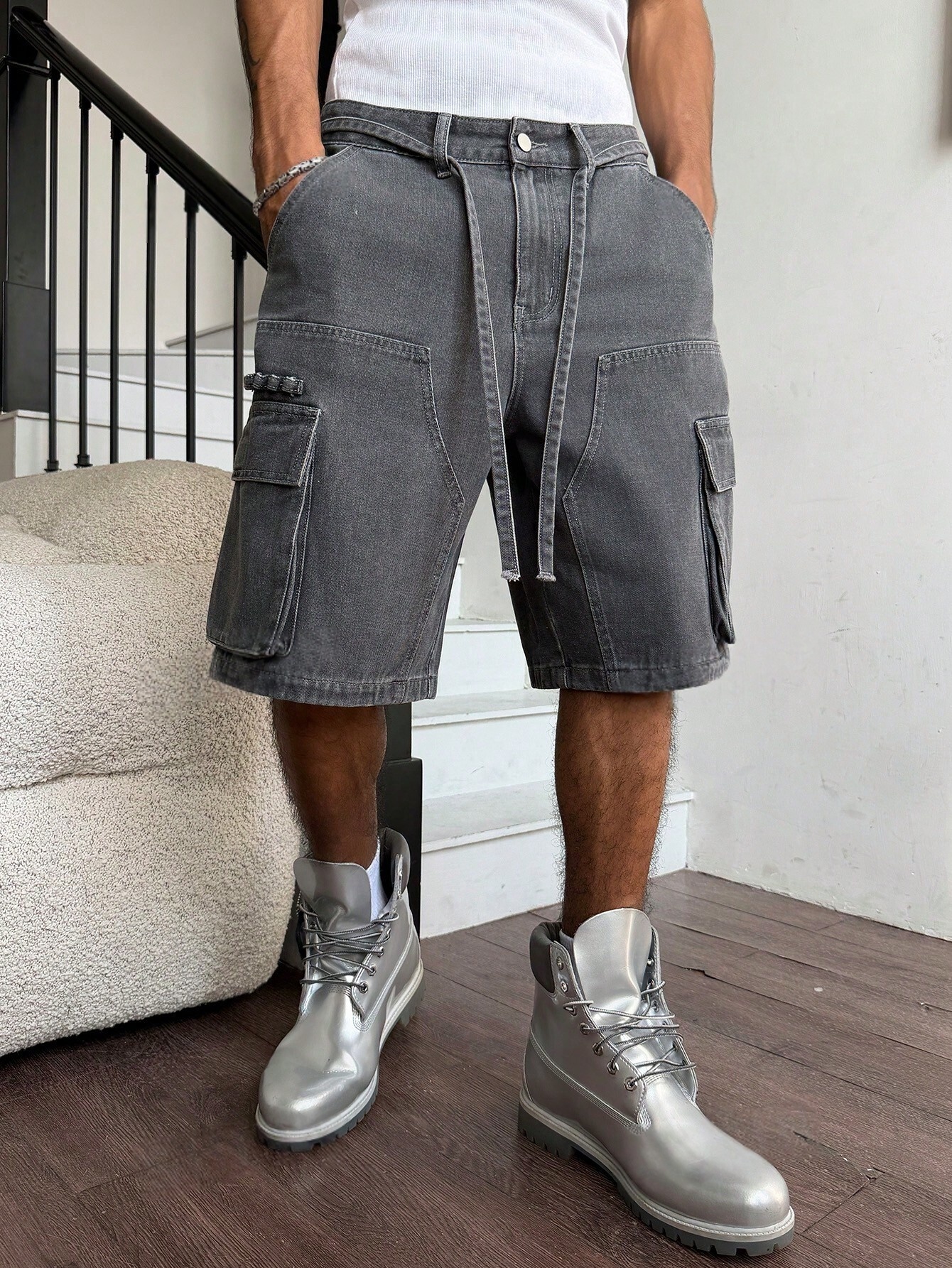 Men Grey Washed Cargo Denim Sh - Street Fashion Jeans Men ulasan dan harga
