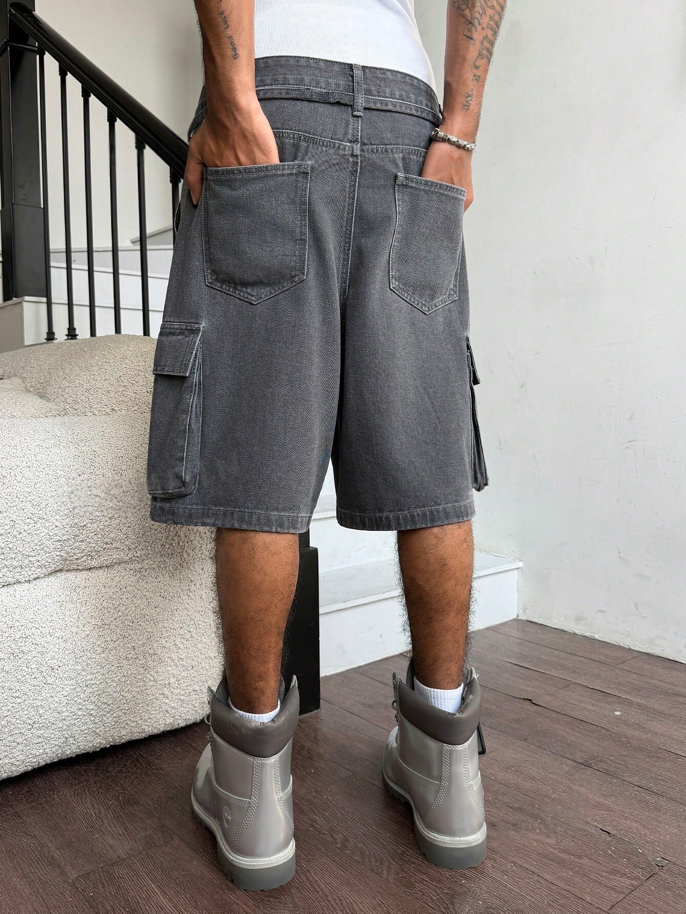 Men Grey Washed Cargo Denim Sh - Street Fashion Jeans Men ulasan dan harga