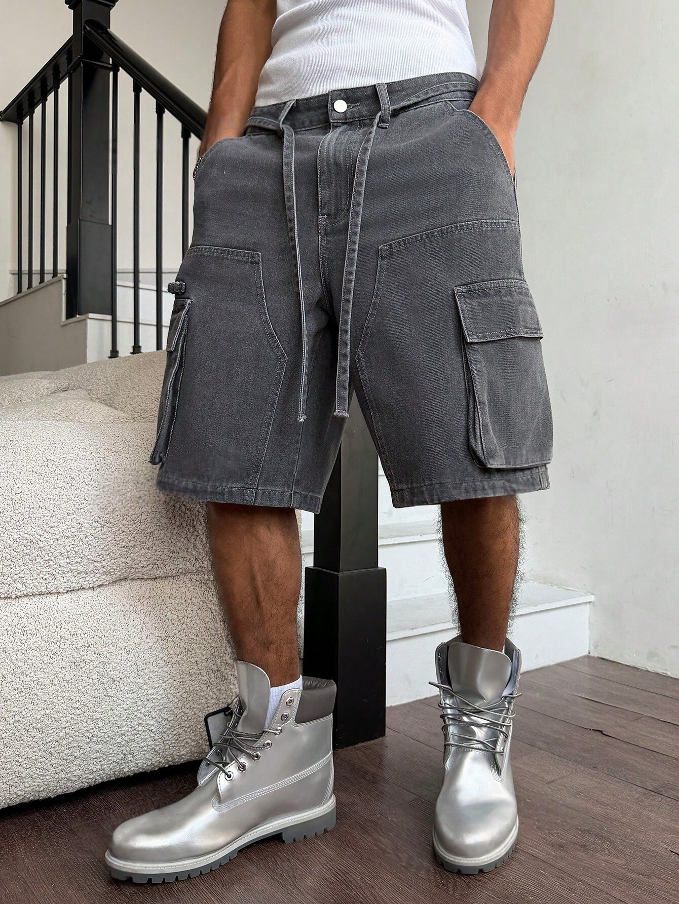 Men Grey Washed Cargo Denim Sh - Street Fashion Jeans Men ulasan dan harga