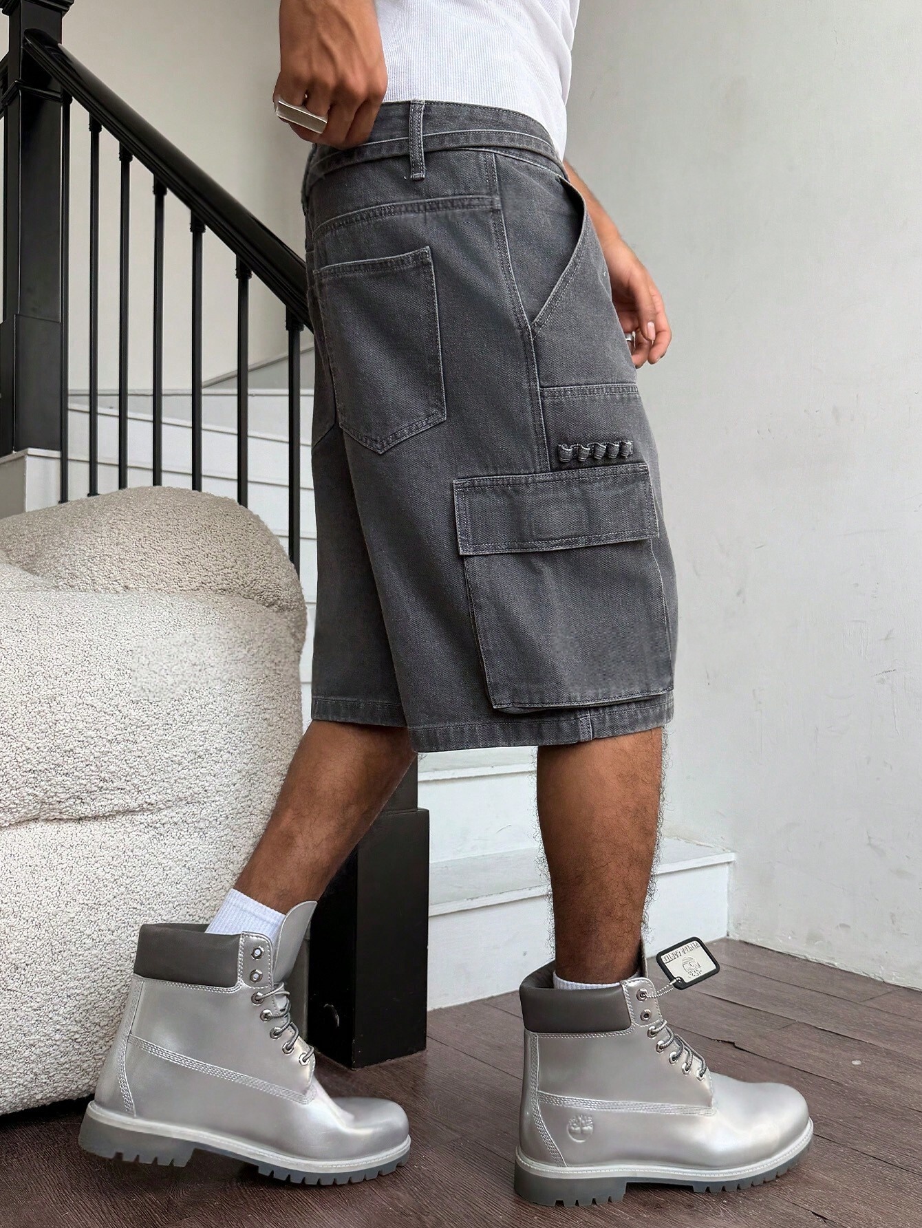 Men Grey Washed Cargo Denim Sh - Street Fashion Jeans Men ulasan dan harga